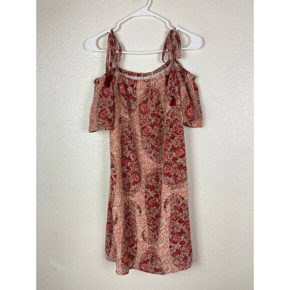 Madewell Silk Dress Medium Pink Red Paisley Off Shoulder Cold Shoulder Paisley - Picture 2 of 10